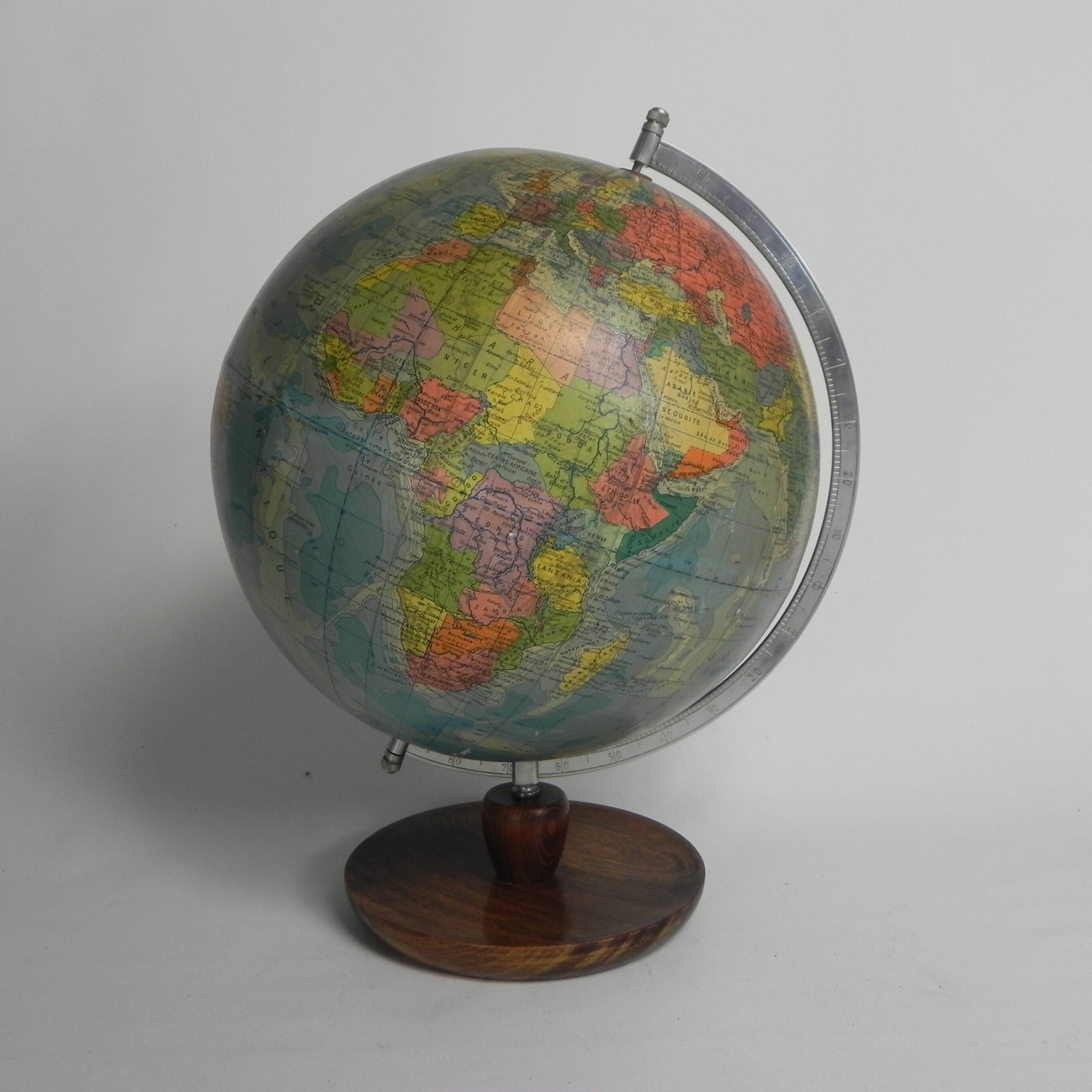 Paper mache globe on wooden base, 1960s