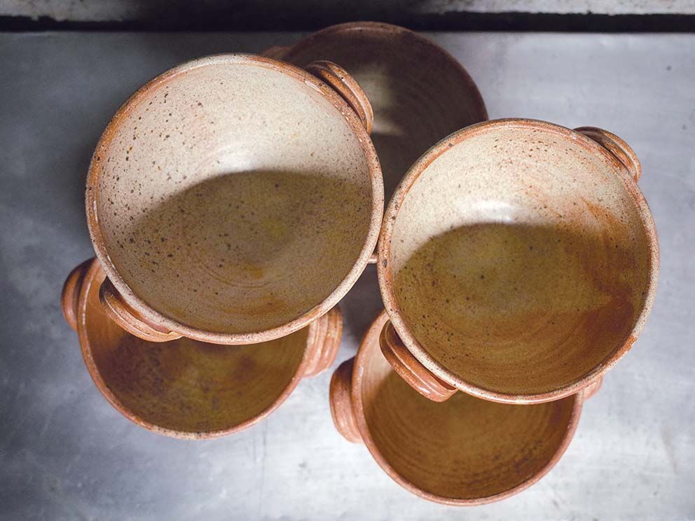Set of 5 large sandstone bowls signed