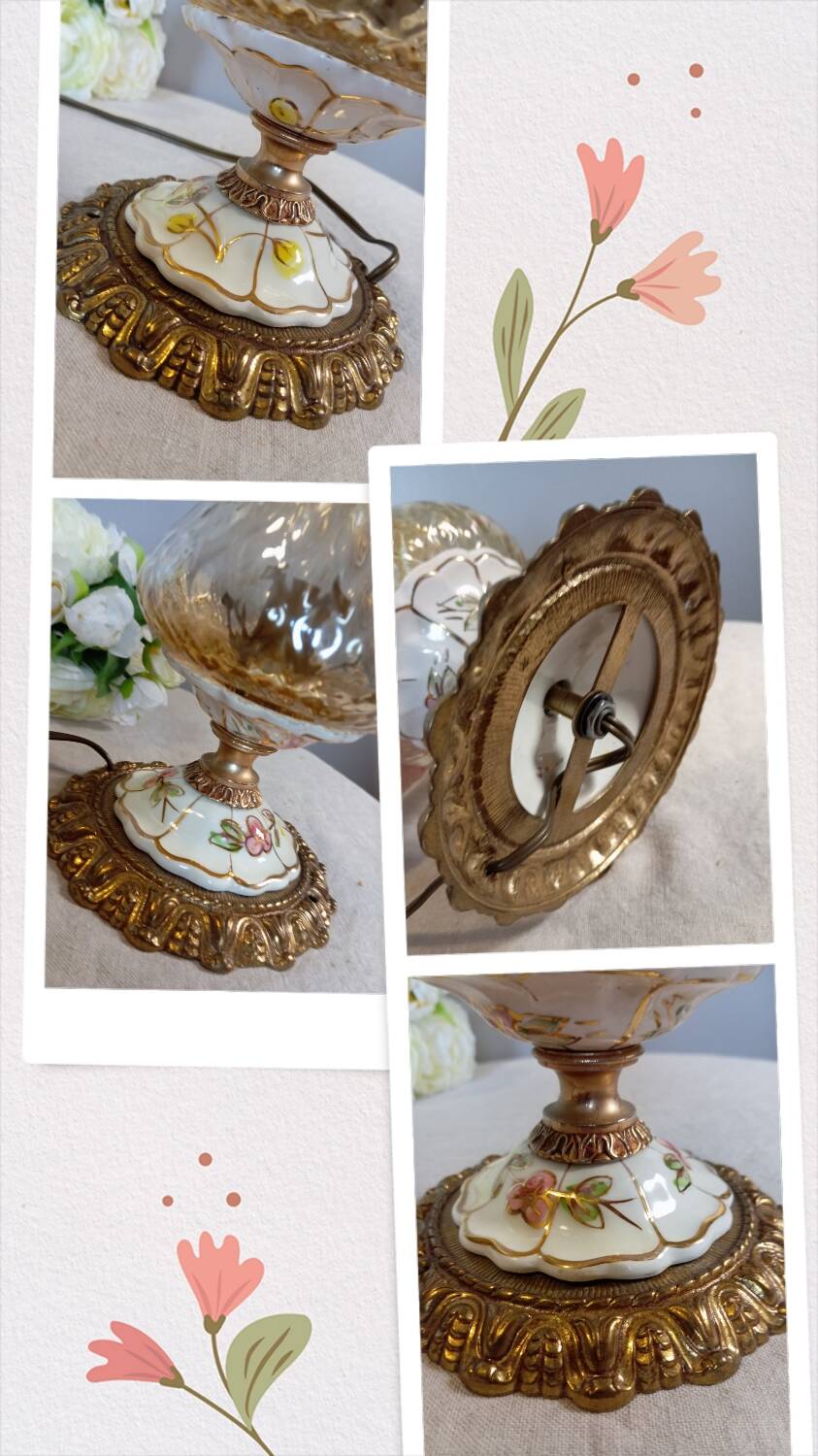 Baroque inspired table lamp, bronze, ceramic flowers and glass globe
