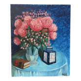 Still life with pink flowers, oil on canvas signed Madon 1991.