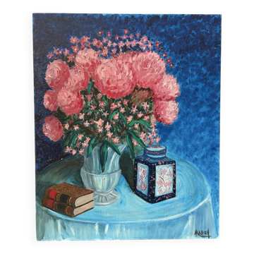 Still life with pink flowers, oil on canvas signed Madon 1991.