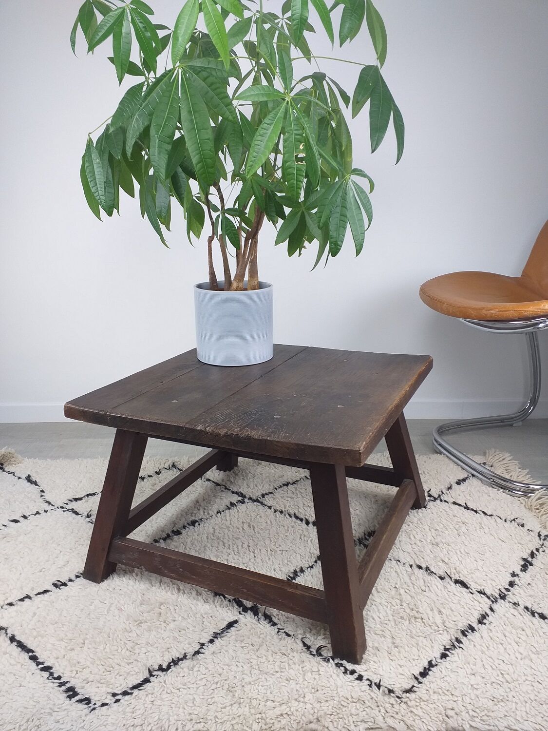 Brutalist vintage oak coffee table 1950 rustic artisanal