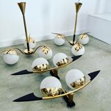 Lot light fixtures and chandeliers design Arlus 50s brass and opaline vintage