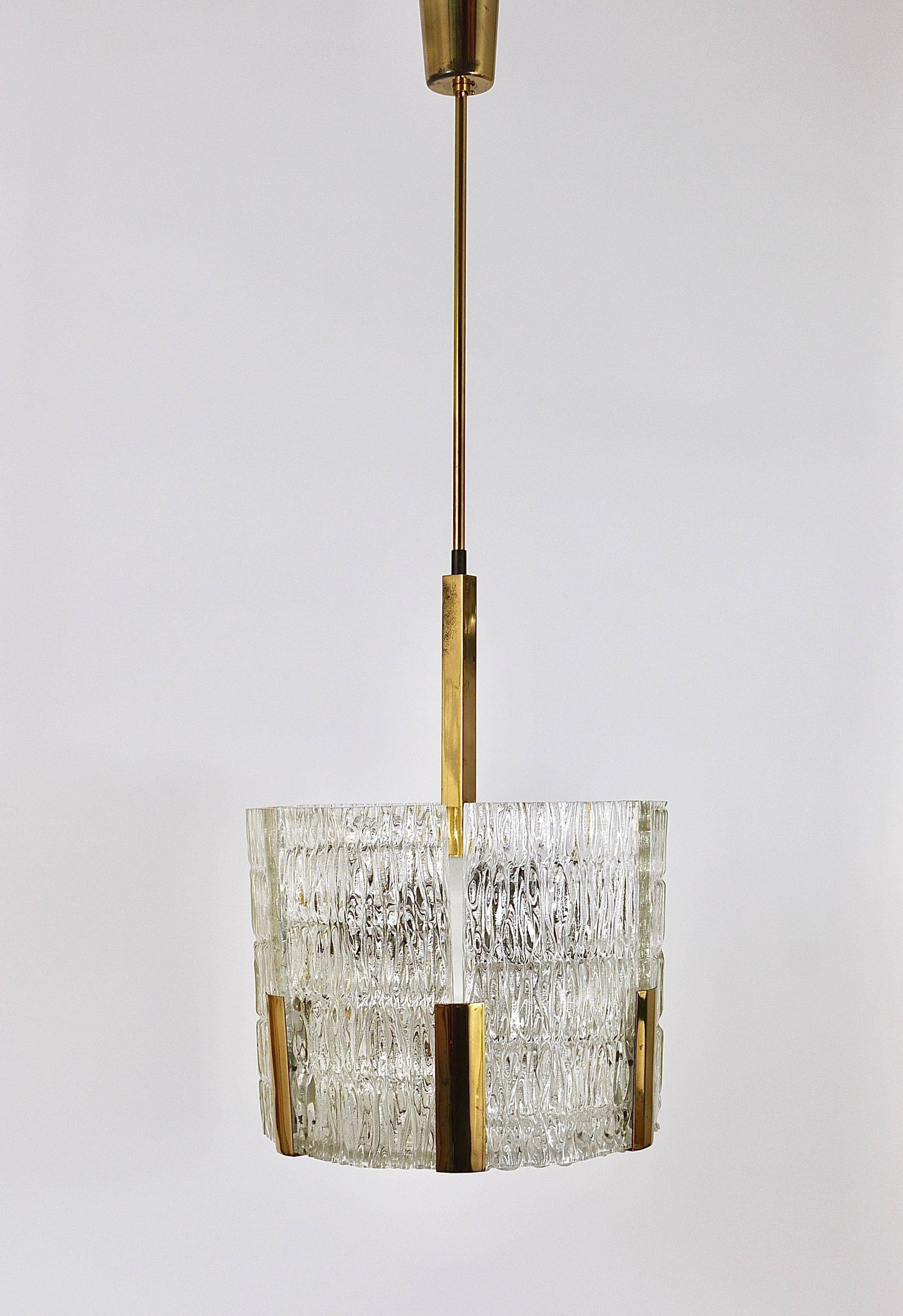 Kalmar Suspension Tambour Drum, Brass, Frosted Textured Glass, Austria, 1960s