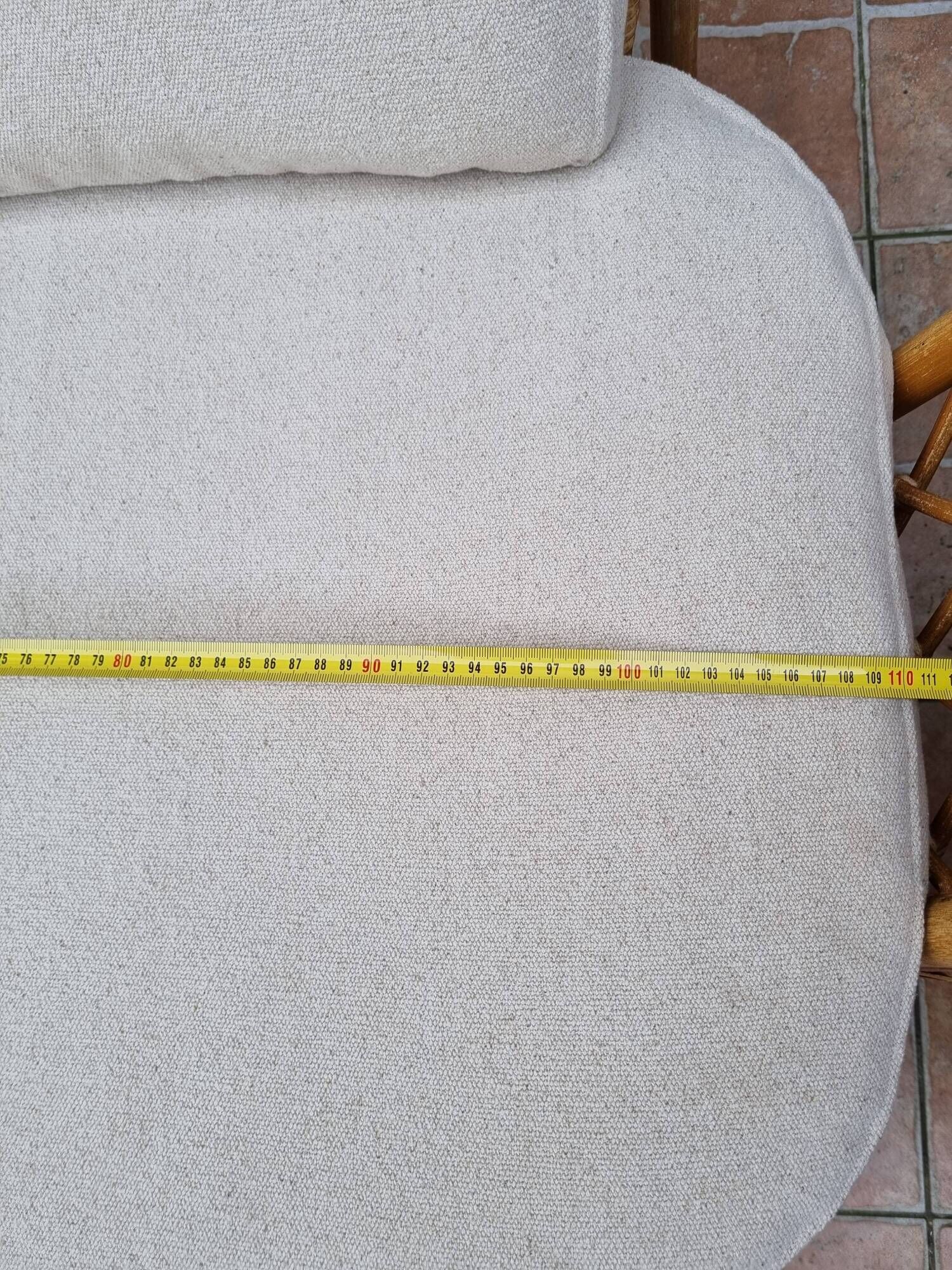 Vintage two-seater natural rattan sofa with cotton cushions, 140 cm