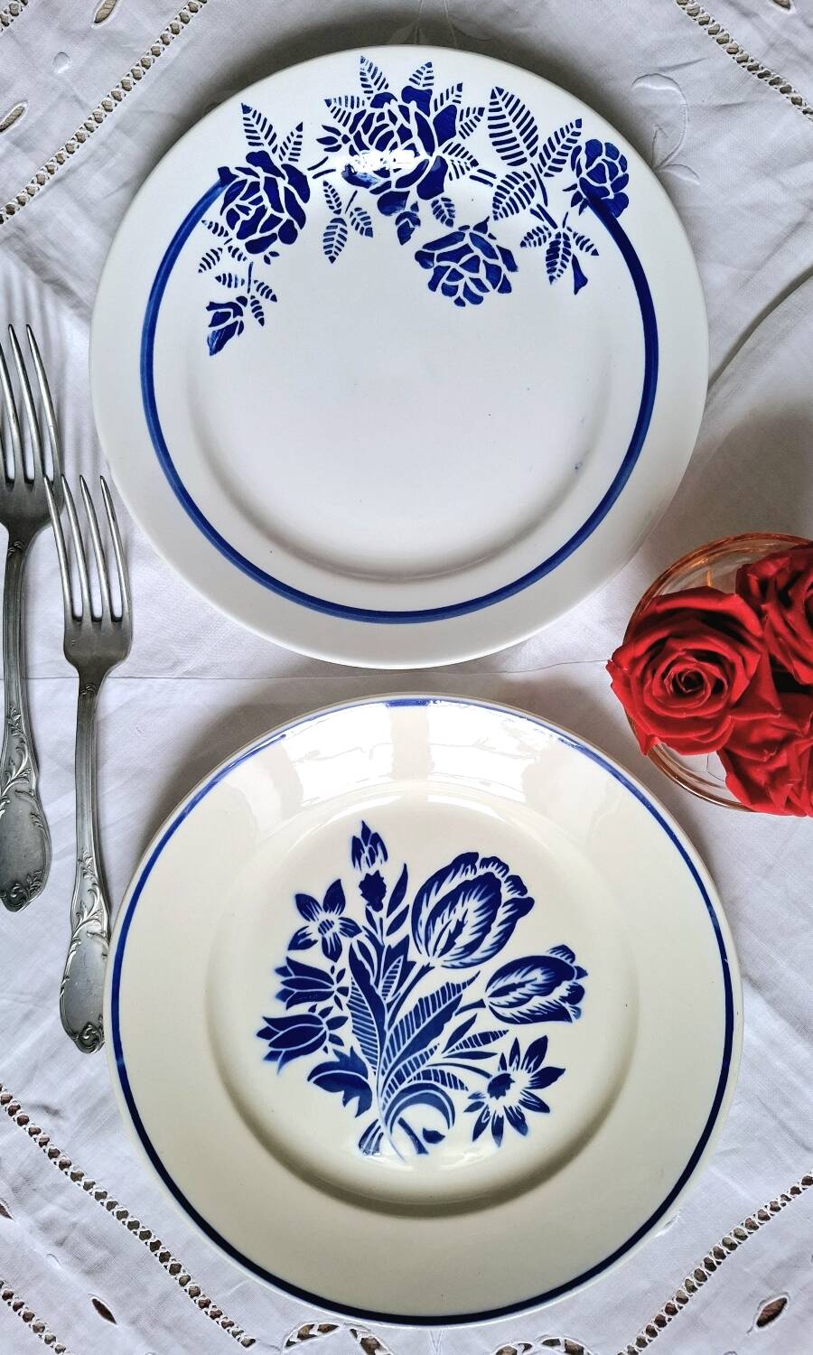 Mismatched antique flat plates in earthenware