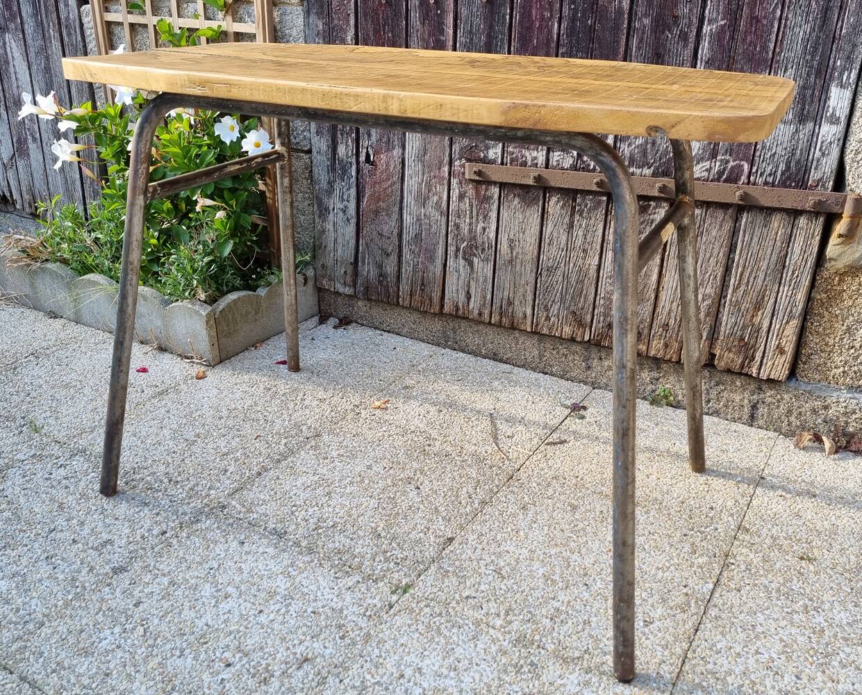 Console, table, raw wood, metal, vintage