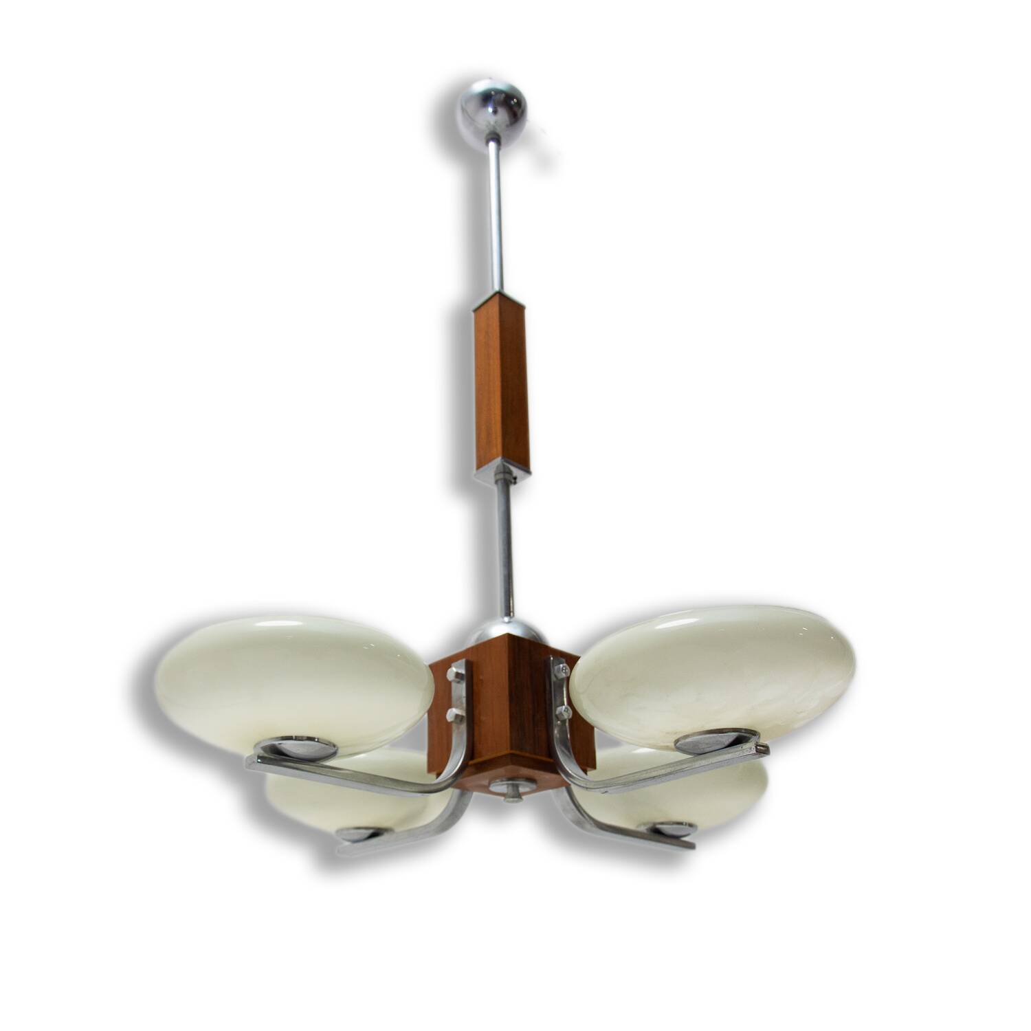 chrome and wood art deco pendant chandelier, circa 1930´s, bohemia