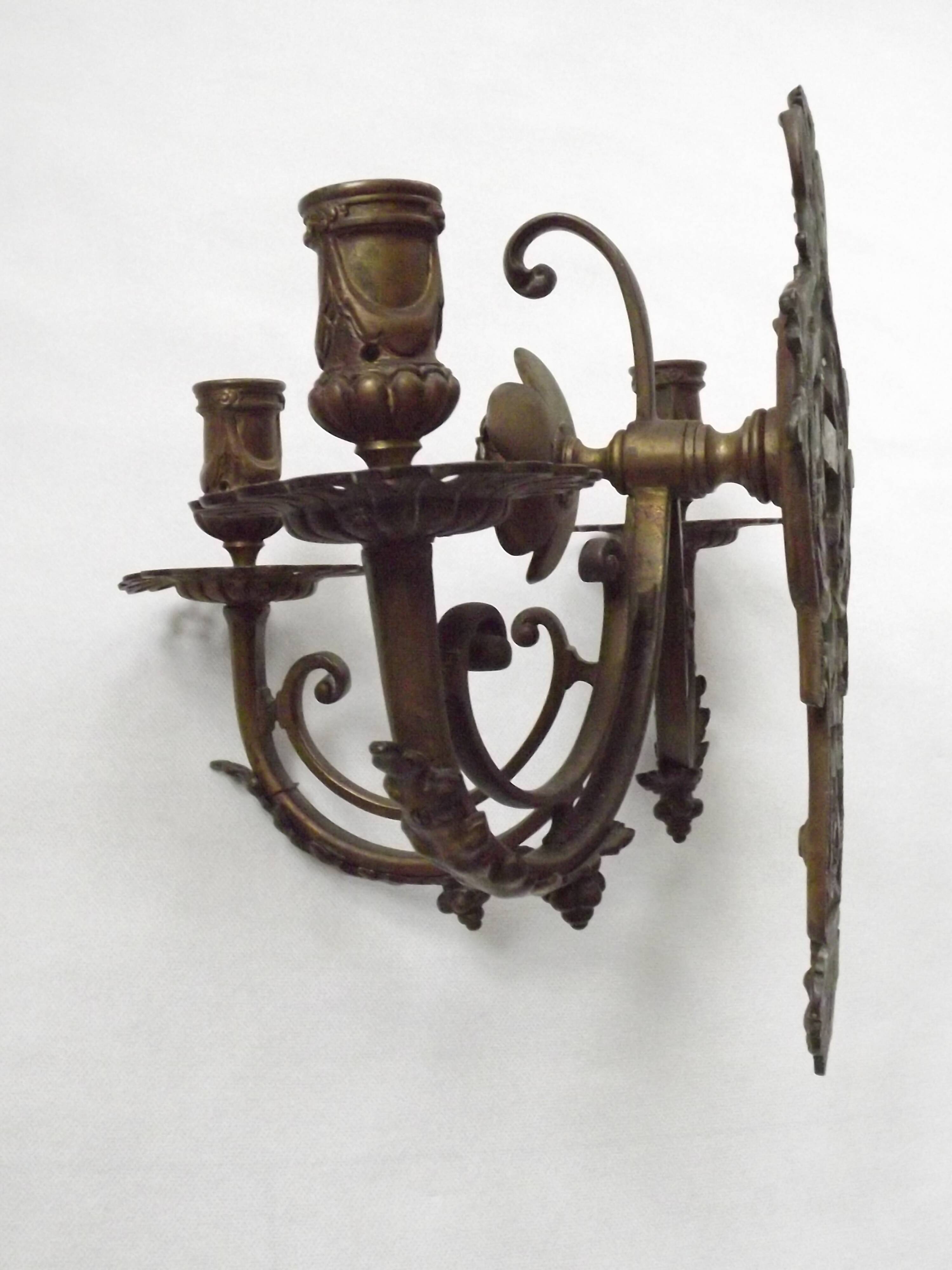Pair of Heavy Victorian Bronze Triple Wall Sconces Griffin & Flower Detail