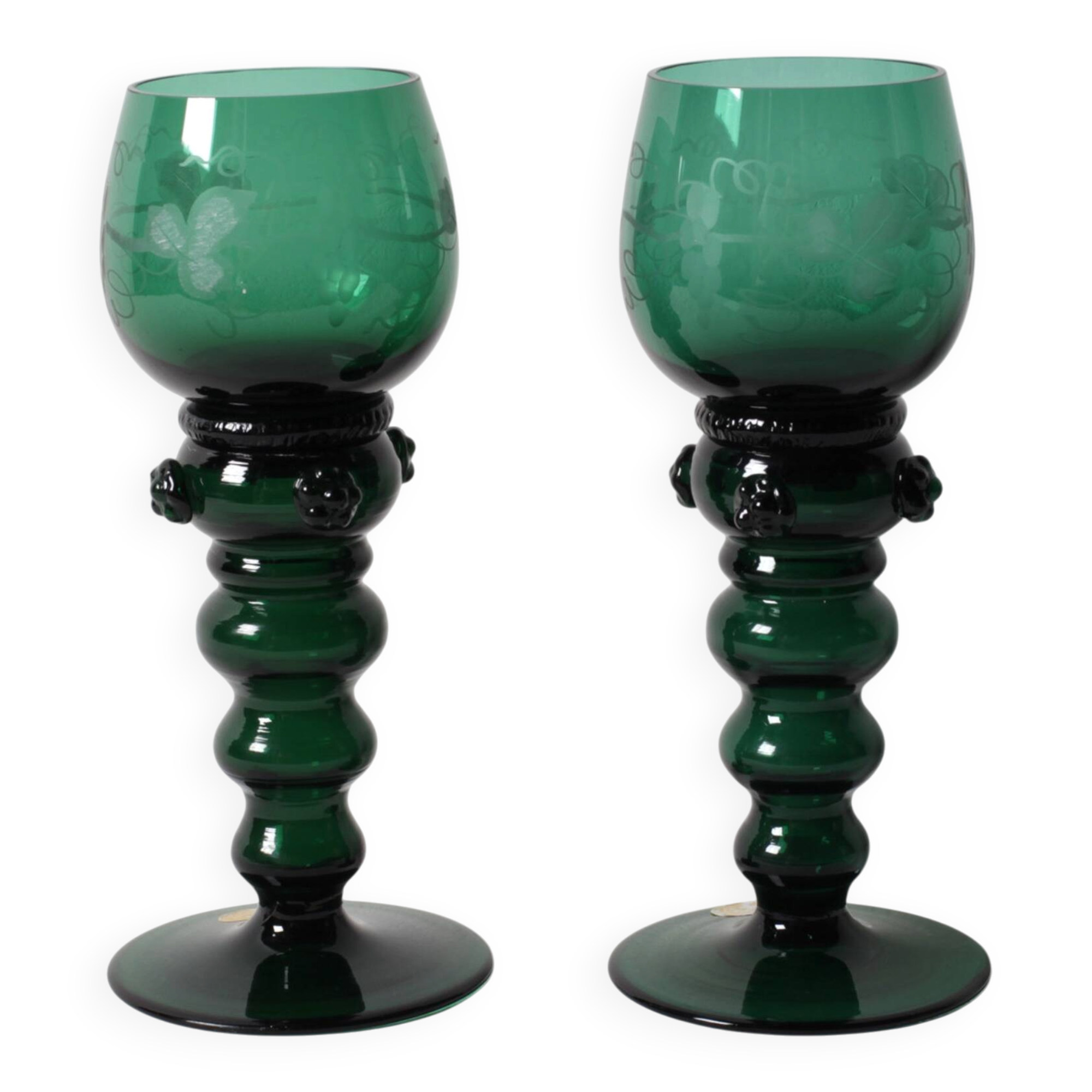 Vintage Emerald Green Wine Stem Crystal Glasses Remmare / Germany / 1960s