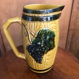 Ancien service pichet & 5 chopes céramique décor vigne raisin jaune vert vintage