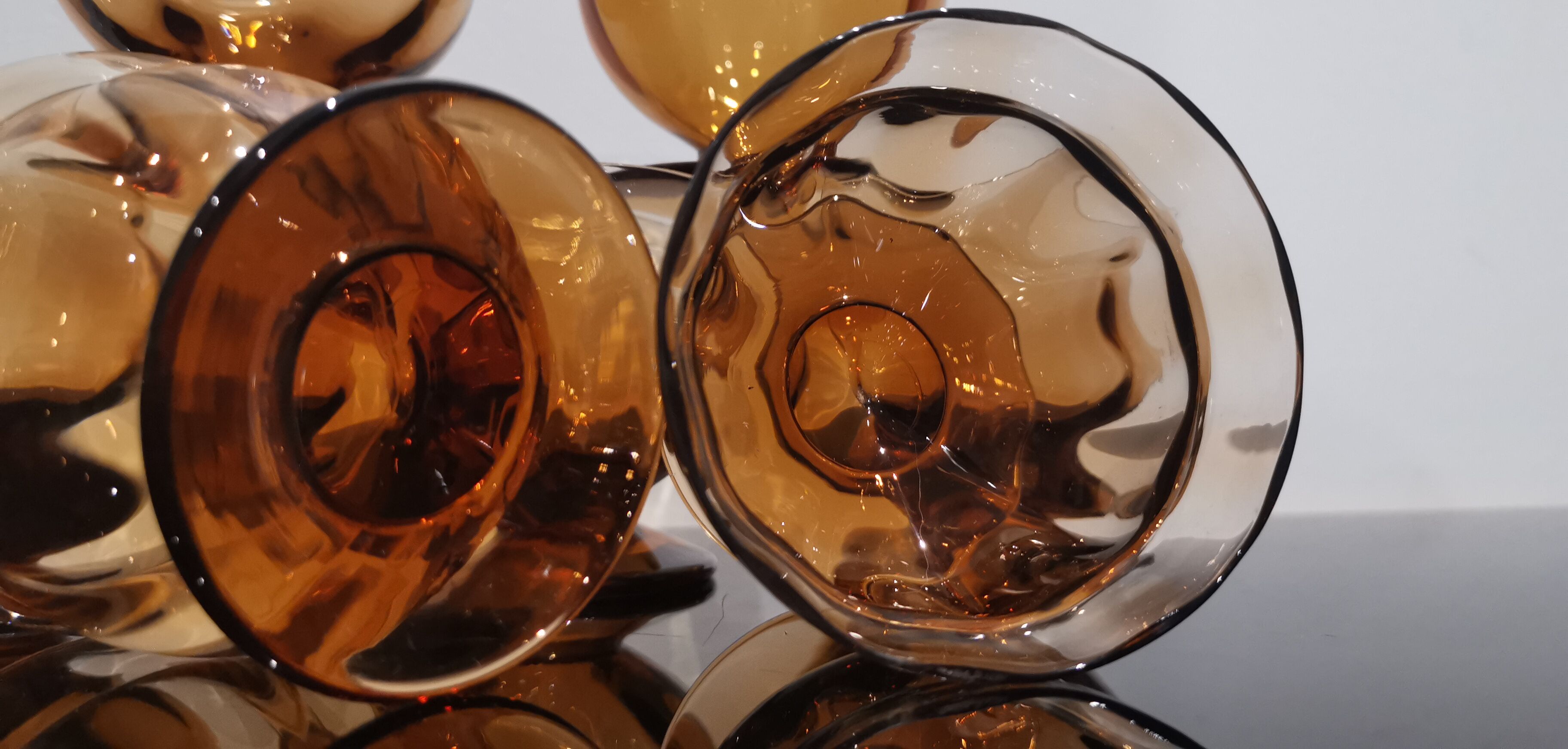Set of 8 old vintage 70's amber brown cut glass glasses