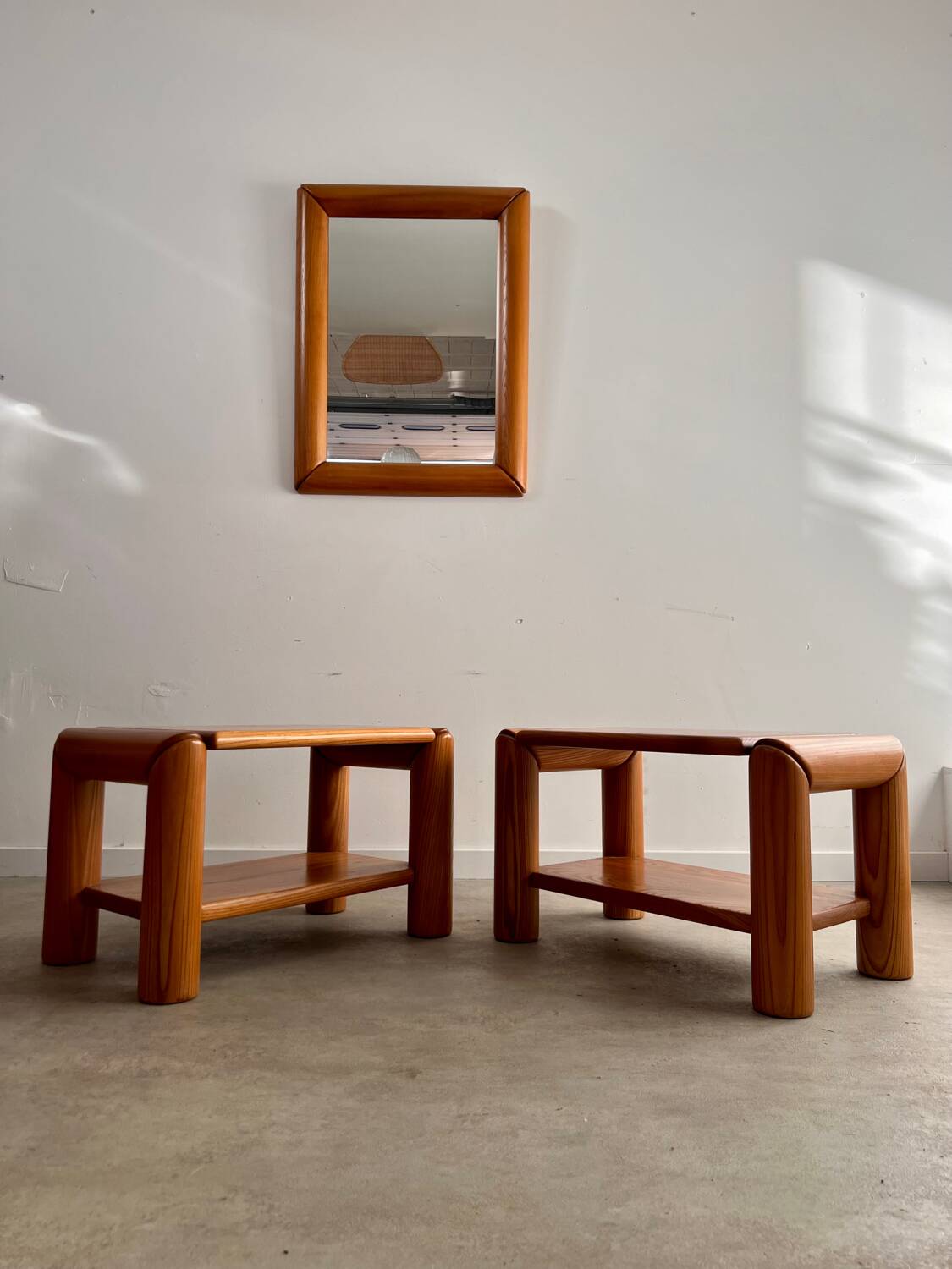 Old mirror in solid elm design from the 70s vintage brutalist style