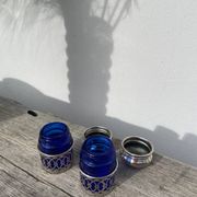 Silver-plated metal and blue glass salt and pepper shaker