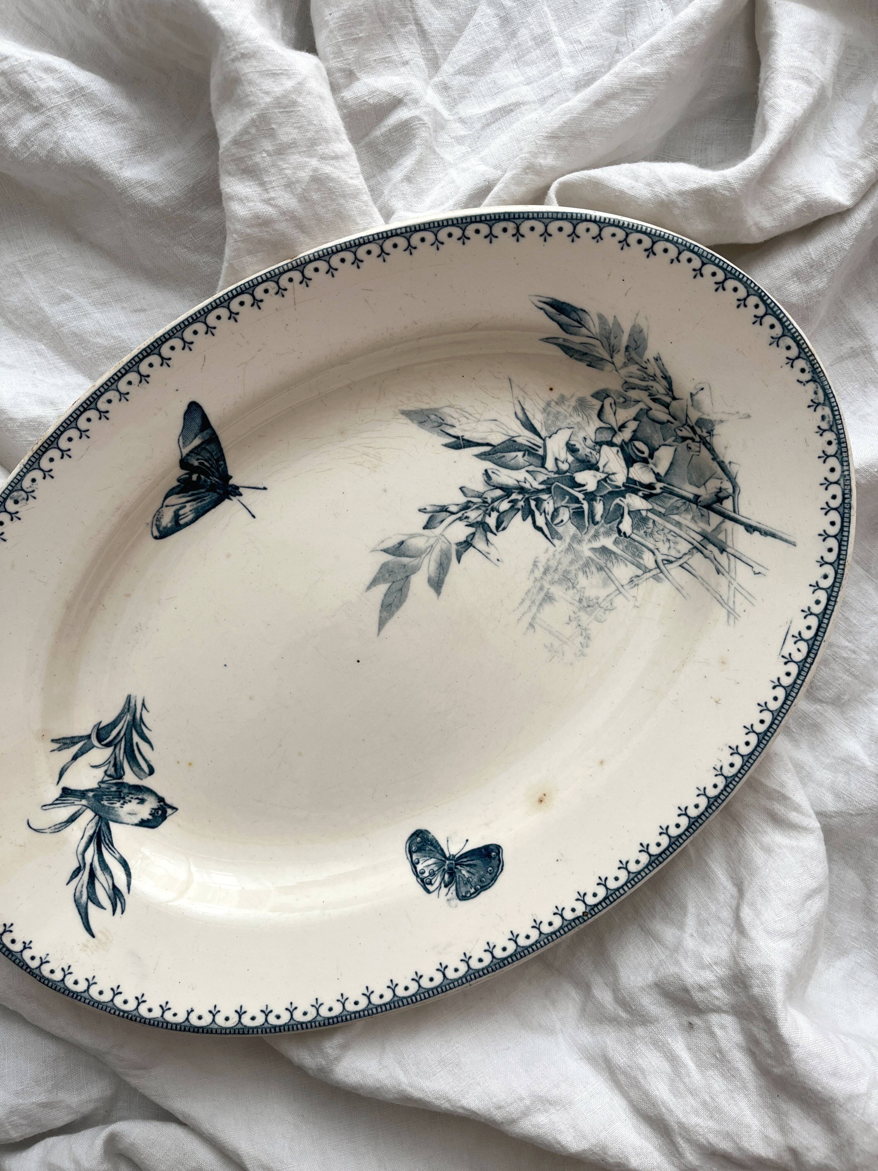 Oval ironstone dish flowers birds "Malaga" Petrus Regout