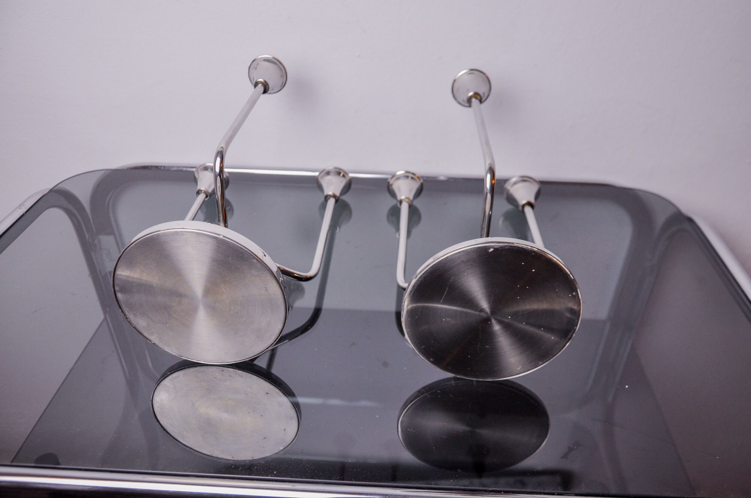 Pair of art deco candlesticks in stainless steel 3 flames and blue stones, Spain, 1970