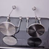 Pair of art deco candlesticks in stainless steel 3 flames and blue stones, Spain, 1970