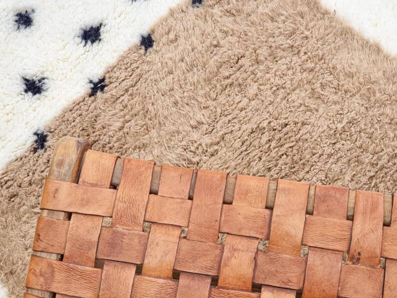 Moroccan polka dot hallway, white and brown beni ourain rug, berber design