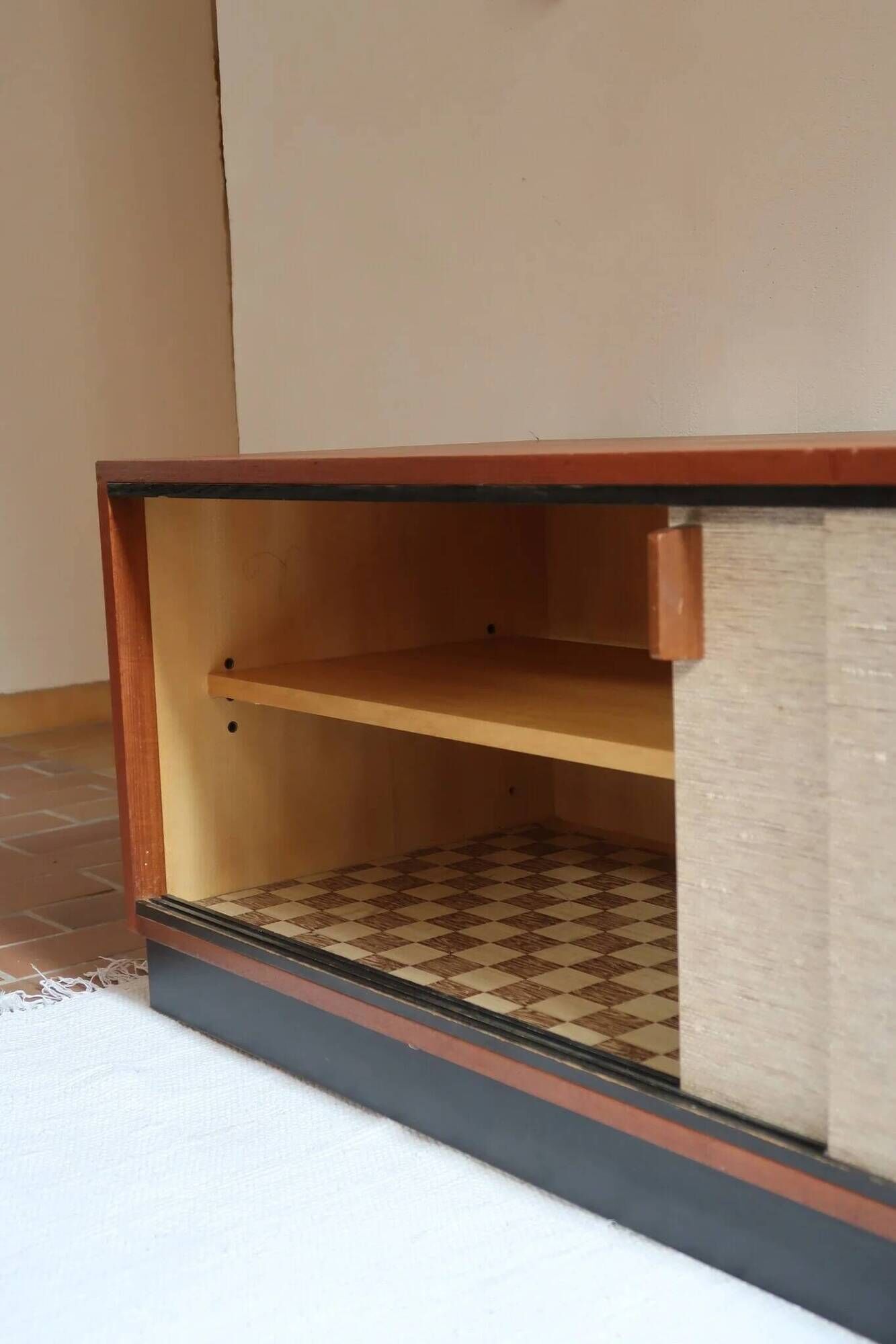 Teak enfilade, sliding canvas doors, 1960s.