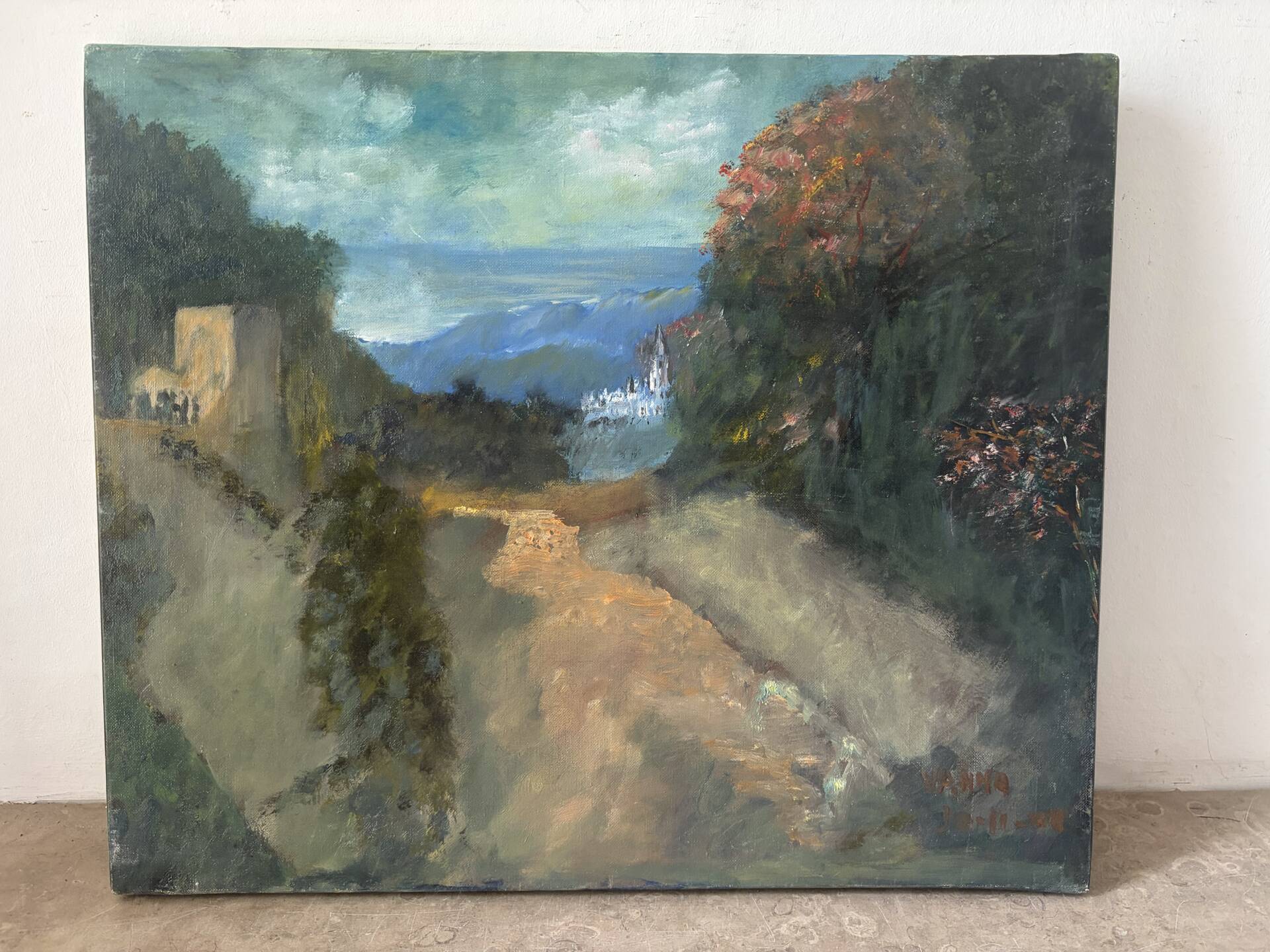 The distant castle, oil on canvas signed