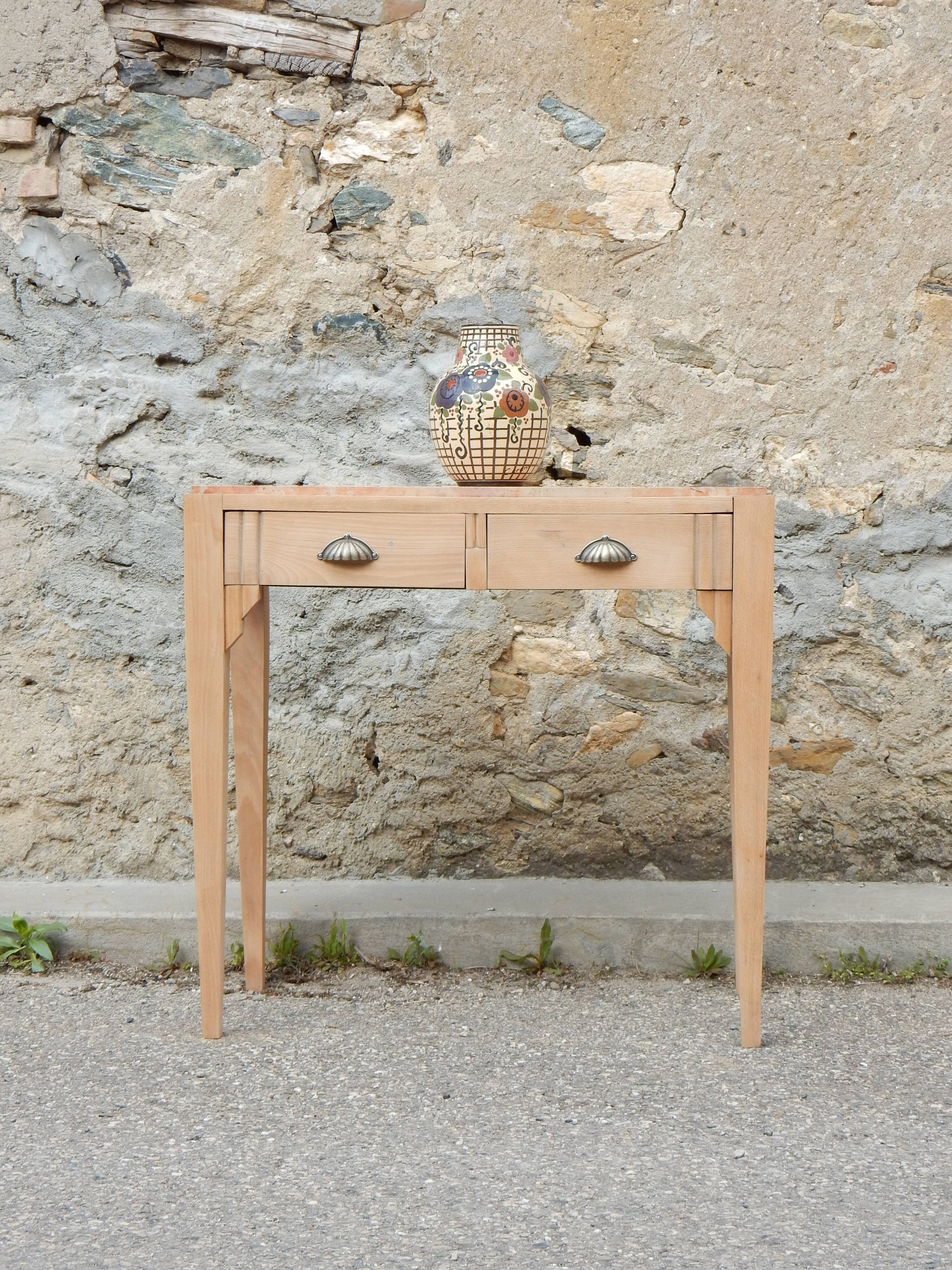 Ancienne console Art Déco - Hêtre et marbre rose - Table d'appoint