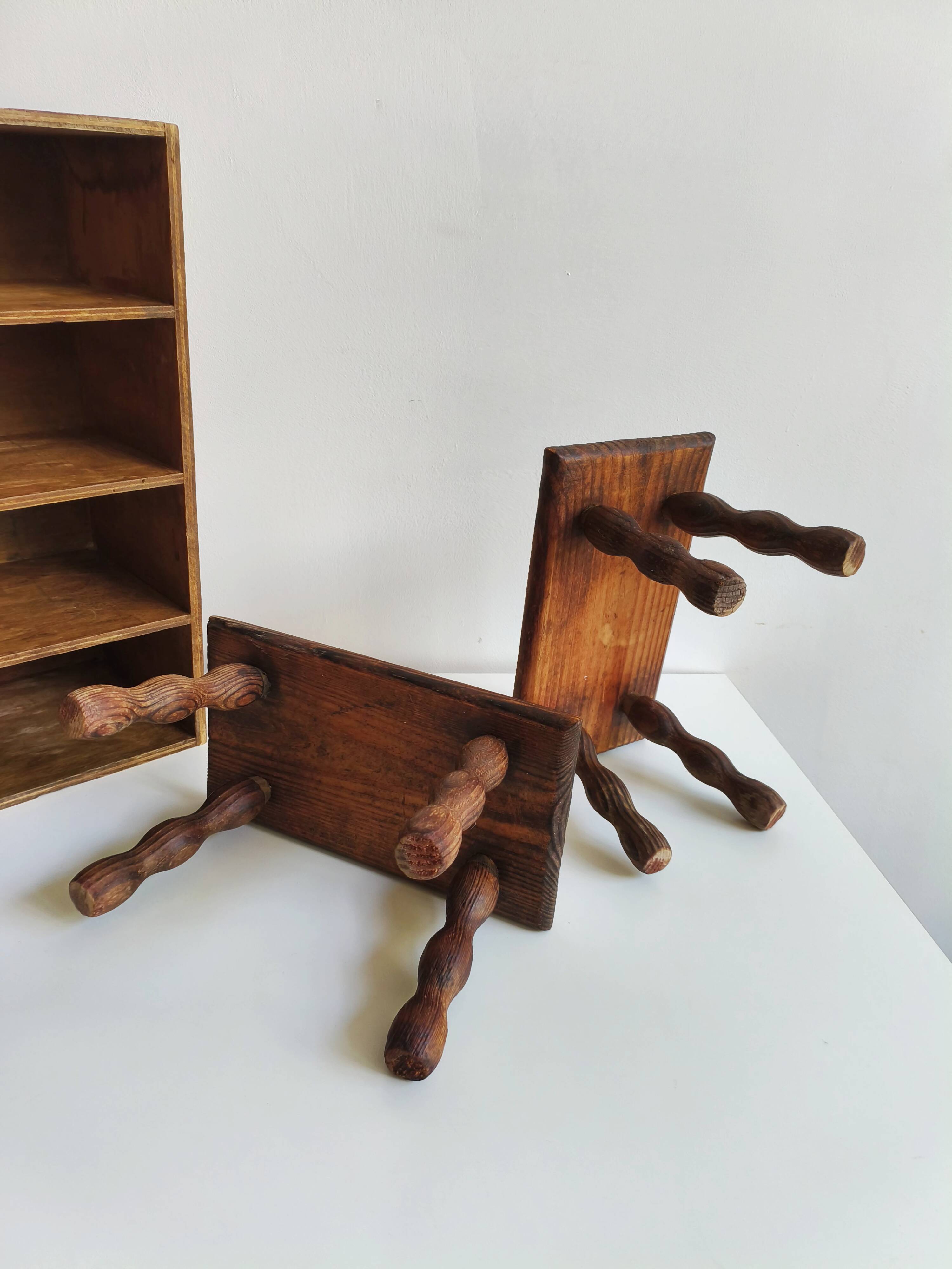 Pair of stools, footrests in solid turned wood