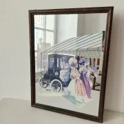 Vintage 1960s mirror - Retro "Belle Époque" scene - Wooden frame