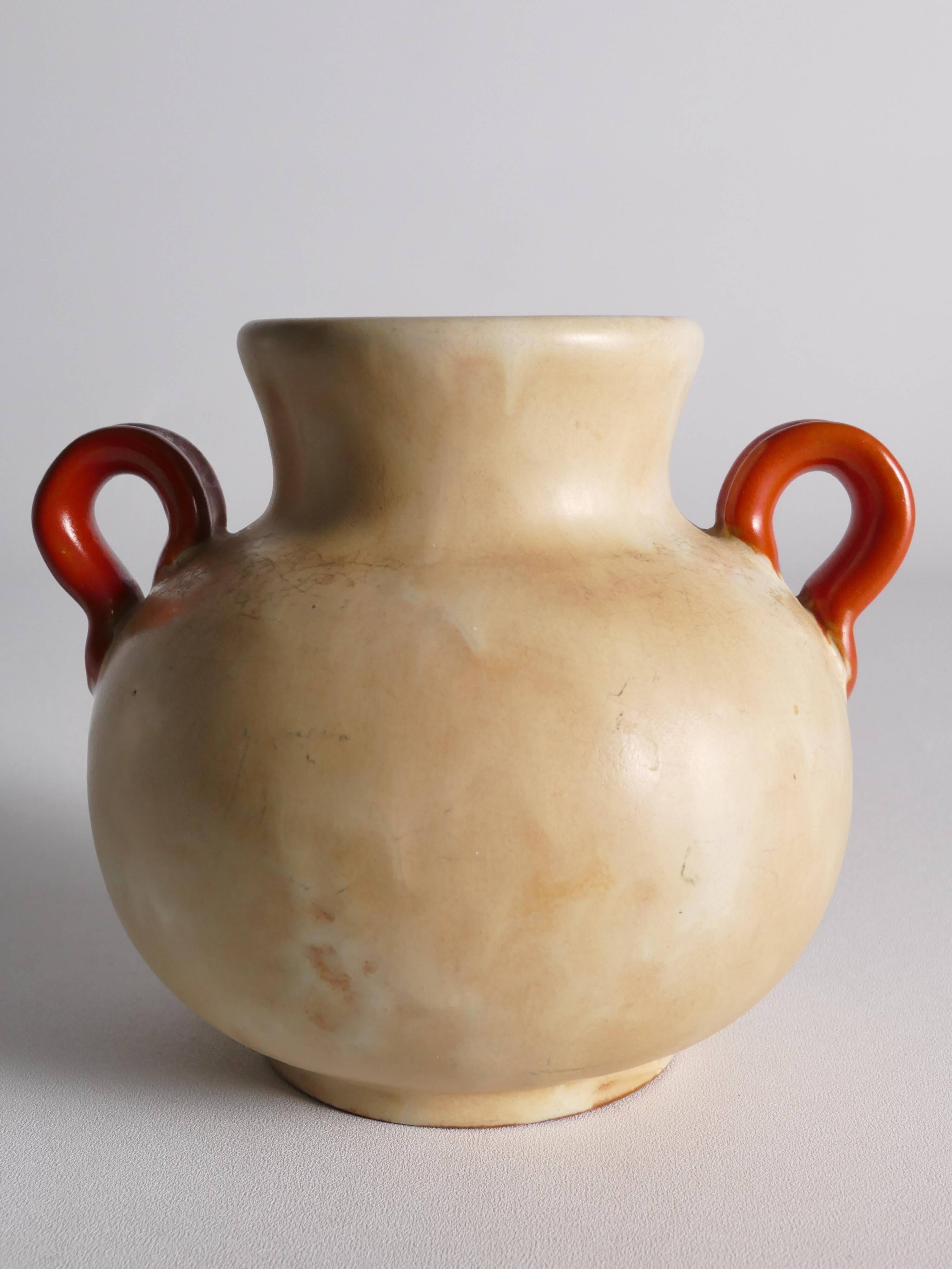 Art Deco Ceramic Beige Vase with Red Handles by Anna-Lisa Thomson, Upsala Ekeby