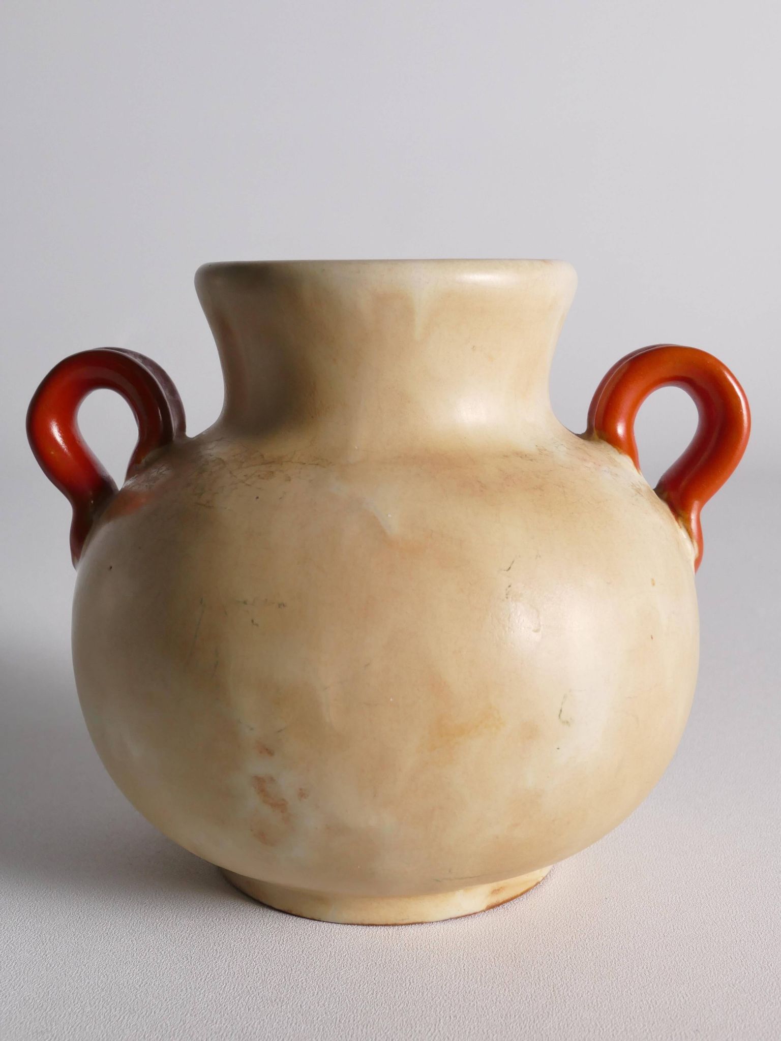 Art Deco Ceramic Beige Vase with Red Handles by Anna-Lisa Thomson, Upsala Ekeby