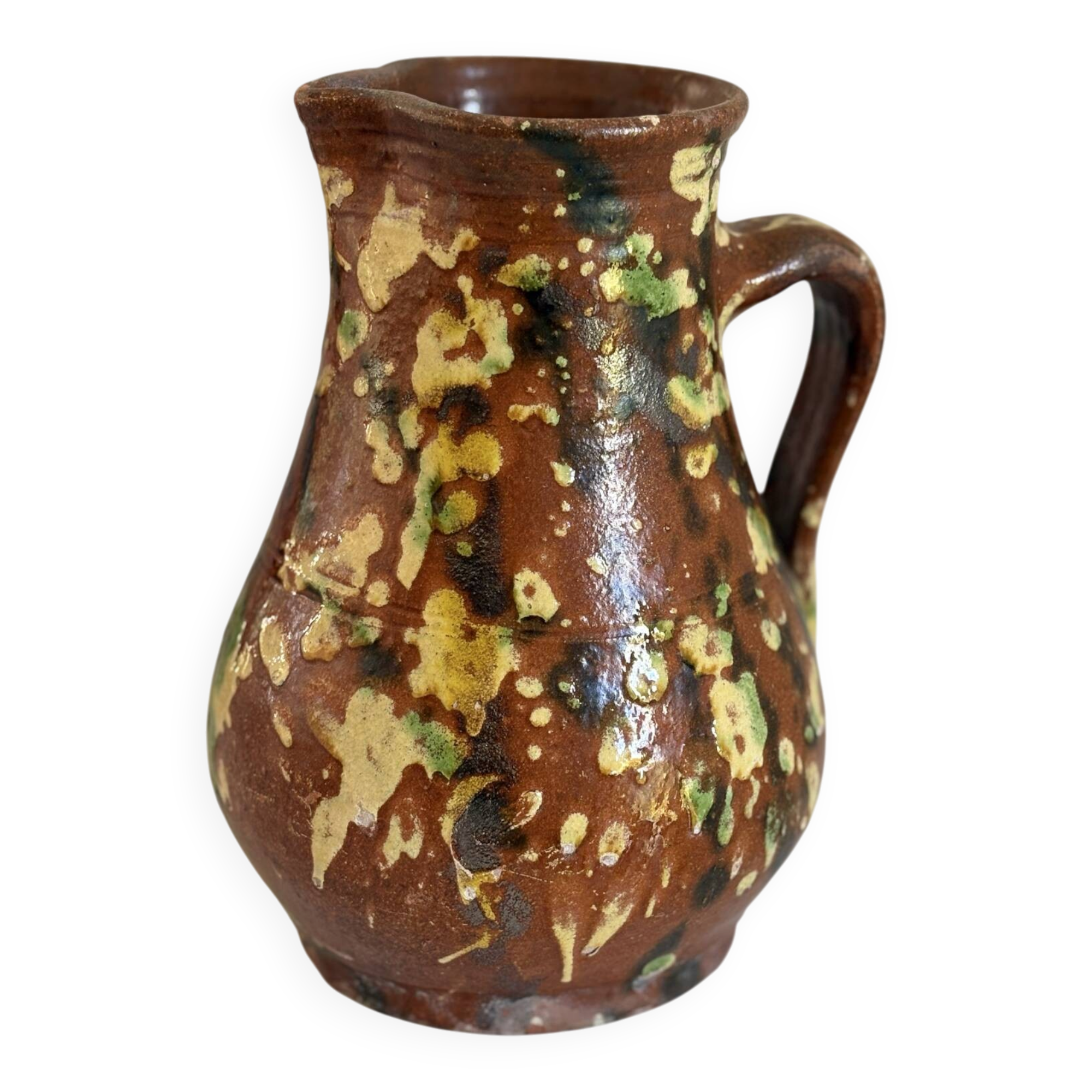 Studio ceramic pitcher with sprayed glazes – circa 1960-70