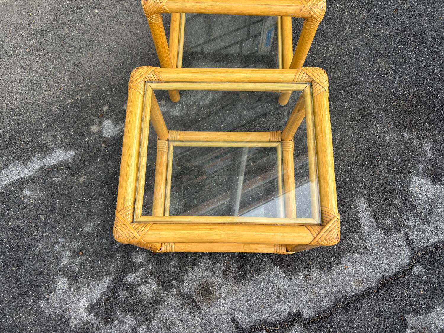 Pair of rattan and glass side tables – 1970s vintage style