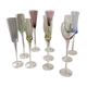 Set of 10 very high champagne flutes in colored glass 70s