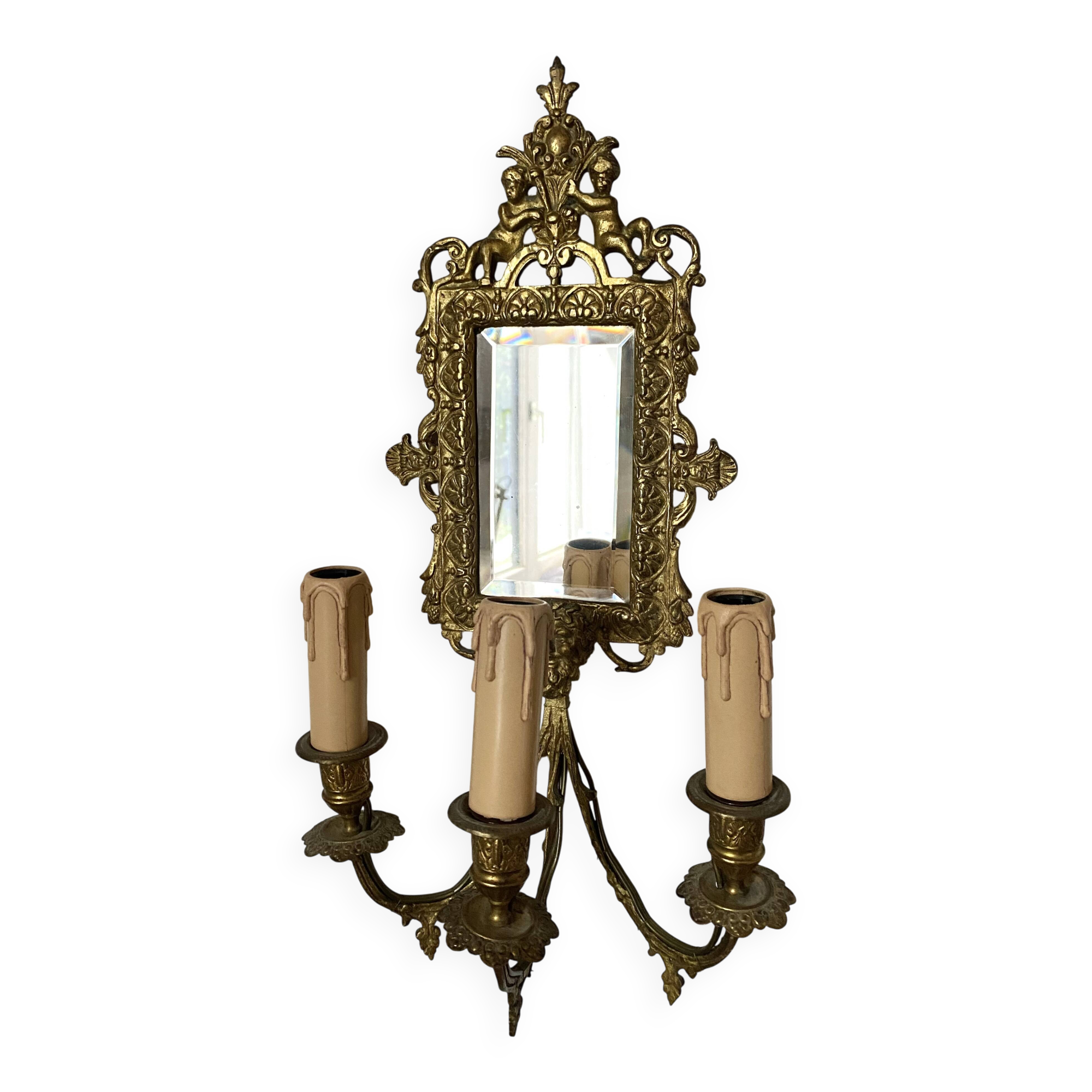19th-century Napoleon III style gilded bronze wall sconce with bevelled mirror.