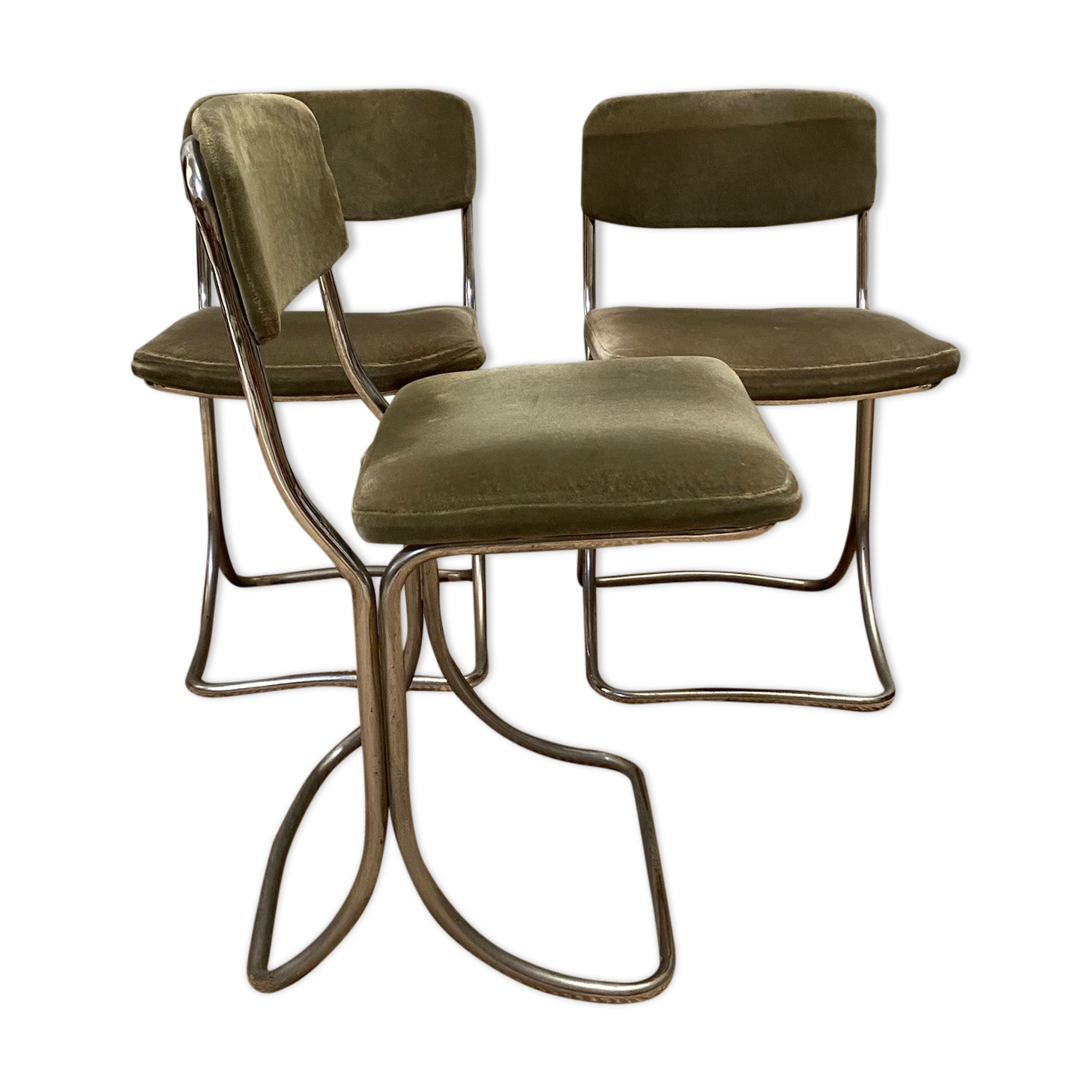 Set of 3 chairs from the 70s in chrome metal and khaki velvet