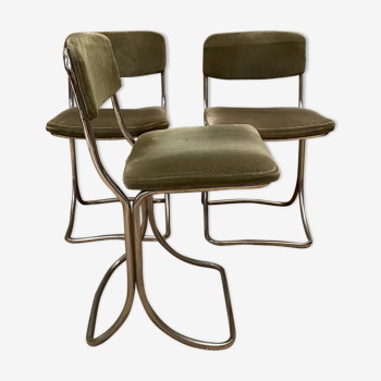 Lot de 3 chaises des années 70 en métal chromé et velours kaki
