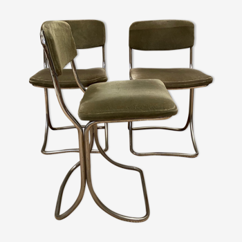 Set of 3 chairs from the 70s in chrome metal and khaki velvet