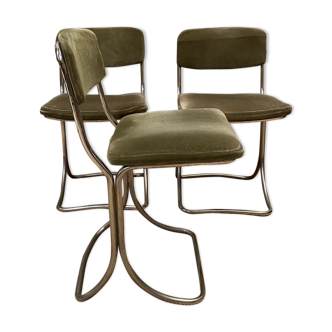 Set of 3 chairs from the 70s in chrome metal and khaki velvet