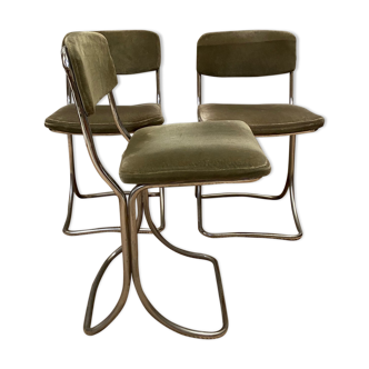 Lot de 3 chaises des années 70 en métal chromé et velours kaki