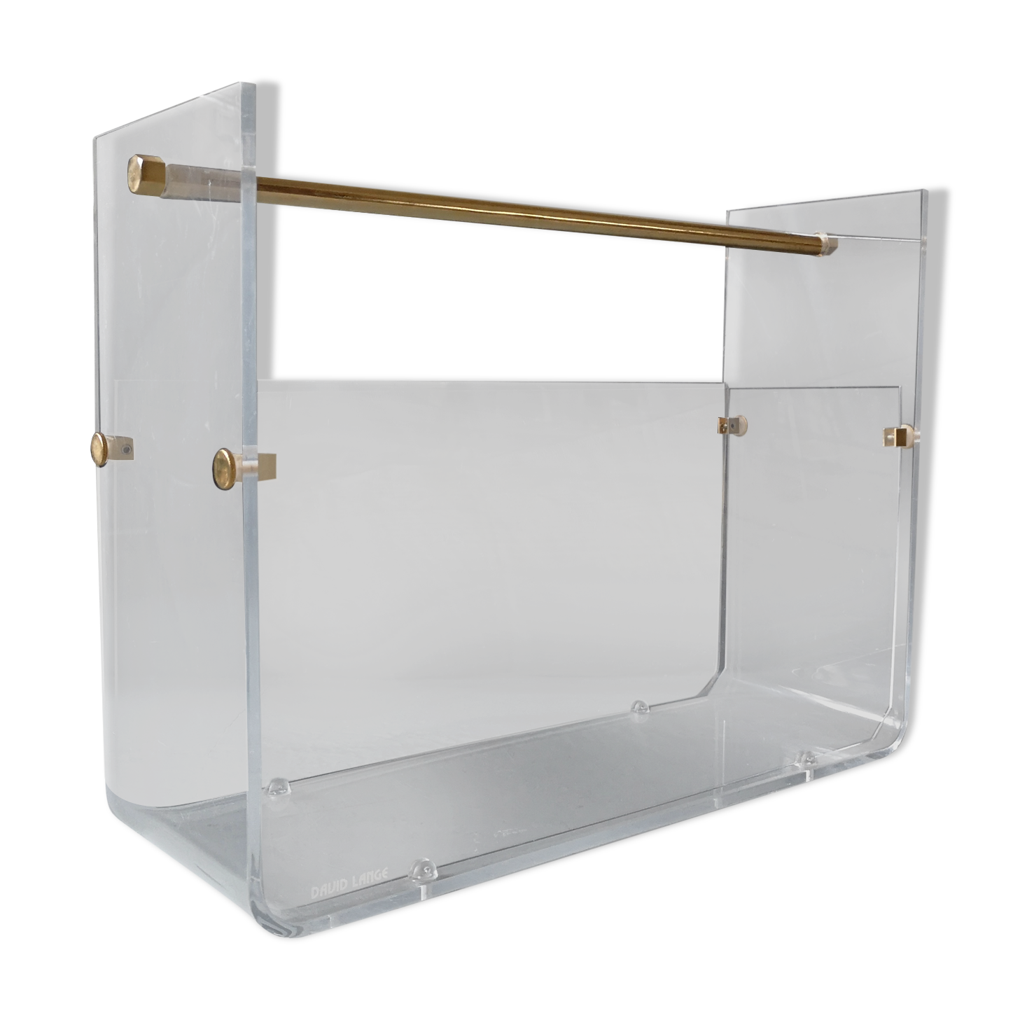 Magazine holder plexi and brass, David Lange, 1970