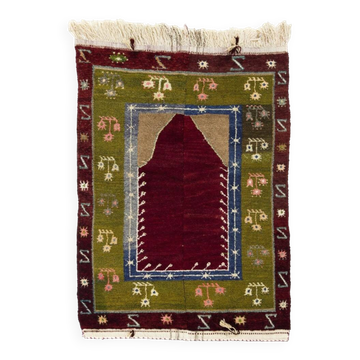 Tapis Tulu turc fait main vintage avec design d'arc. Tapis de prière traditionnel. 100 % laine.