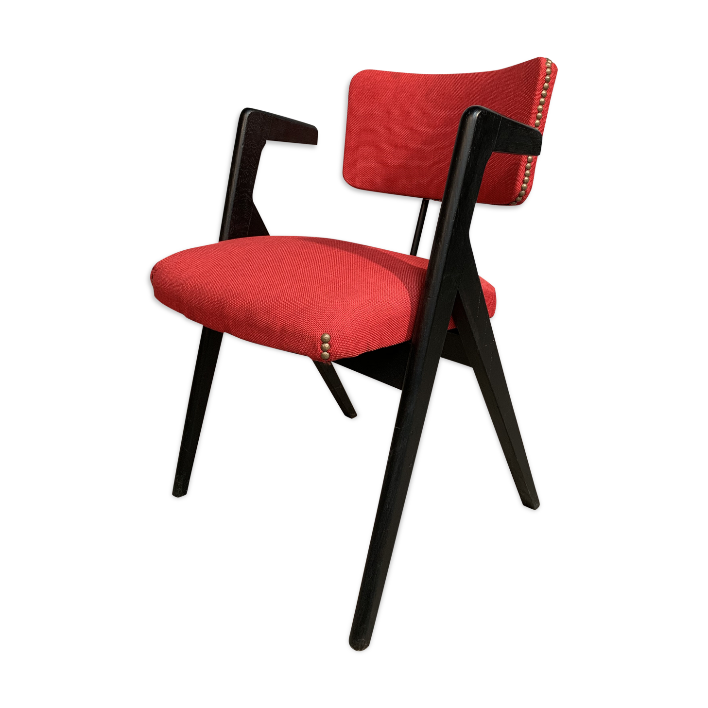 Red fabric chair with black base