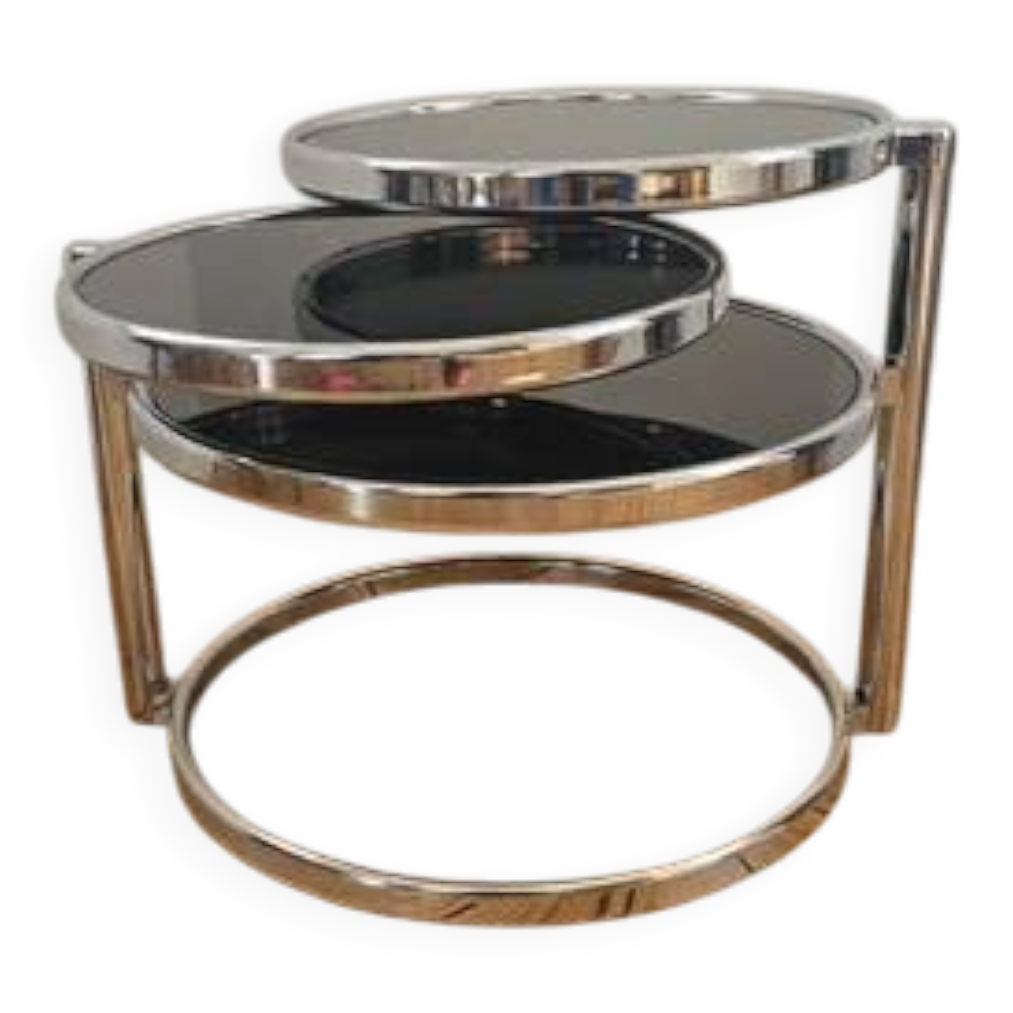 Vintage coffee table with 3 levels and rotating trays in chrome metal and smoked glass - Space Age 1970s.