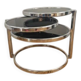 Vintage coffee table with 3 levels and rotating trays in chrome metal and smoked glass - Space Age 1970s.
