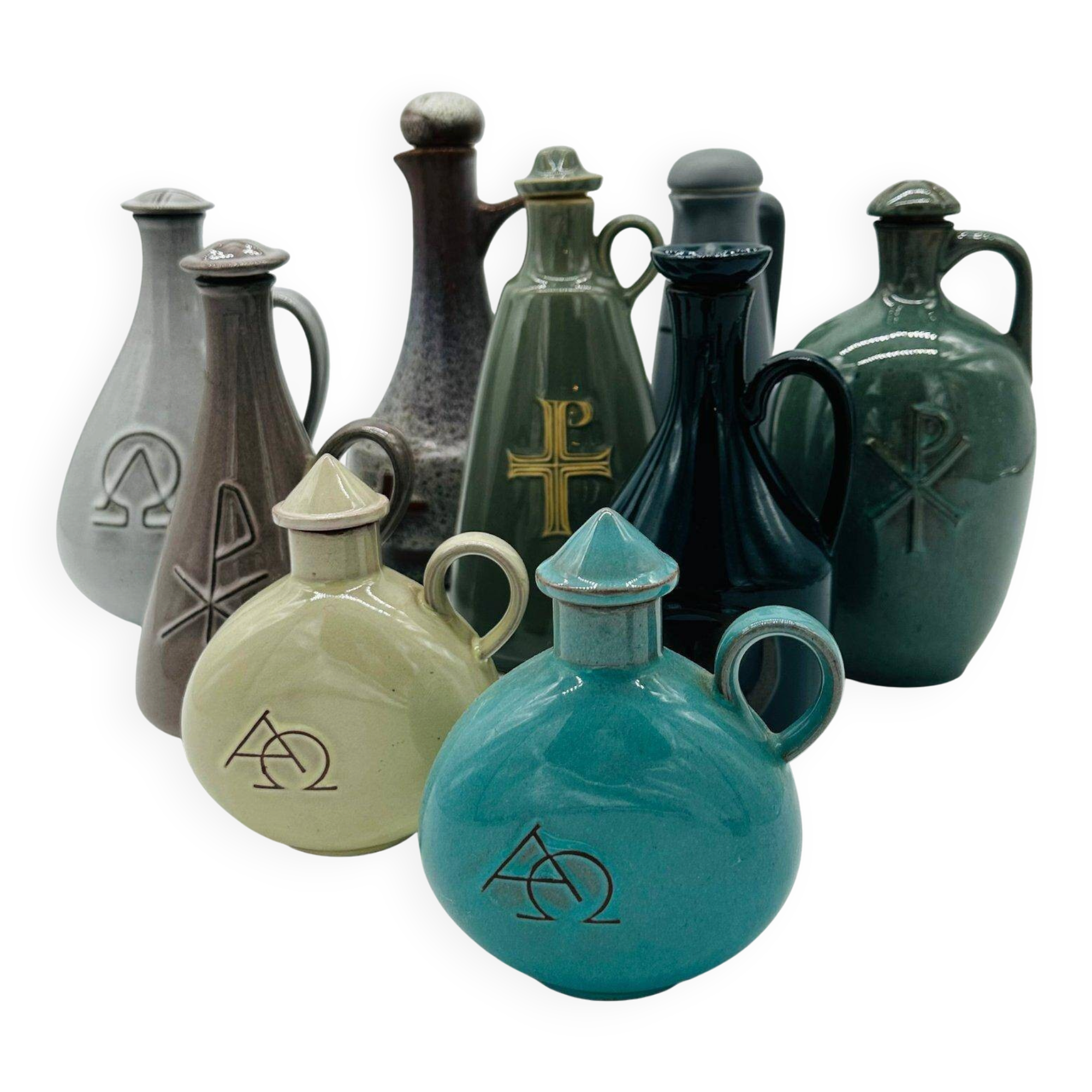 Set of nine modern sculptural ceramic vases from the mid-century, Bauhaus influence.