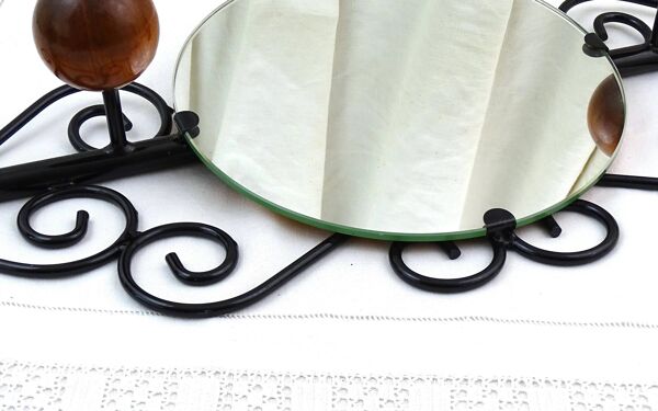Porte-manteau mural vintage avec 4 crochets, miroir rond et cadre en fer forgé noir, meuble d'entrée rétro des années 1960, France