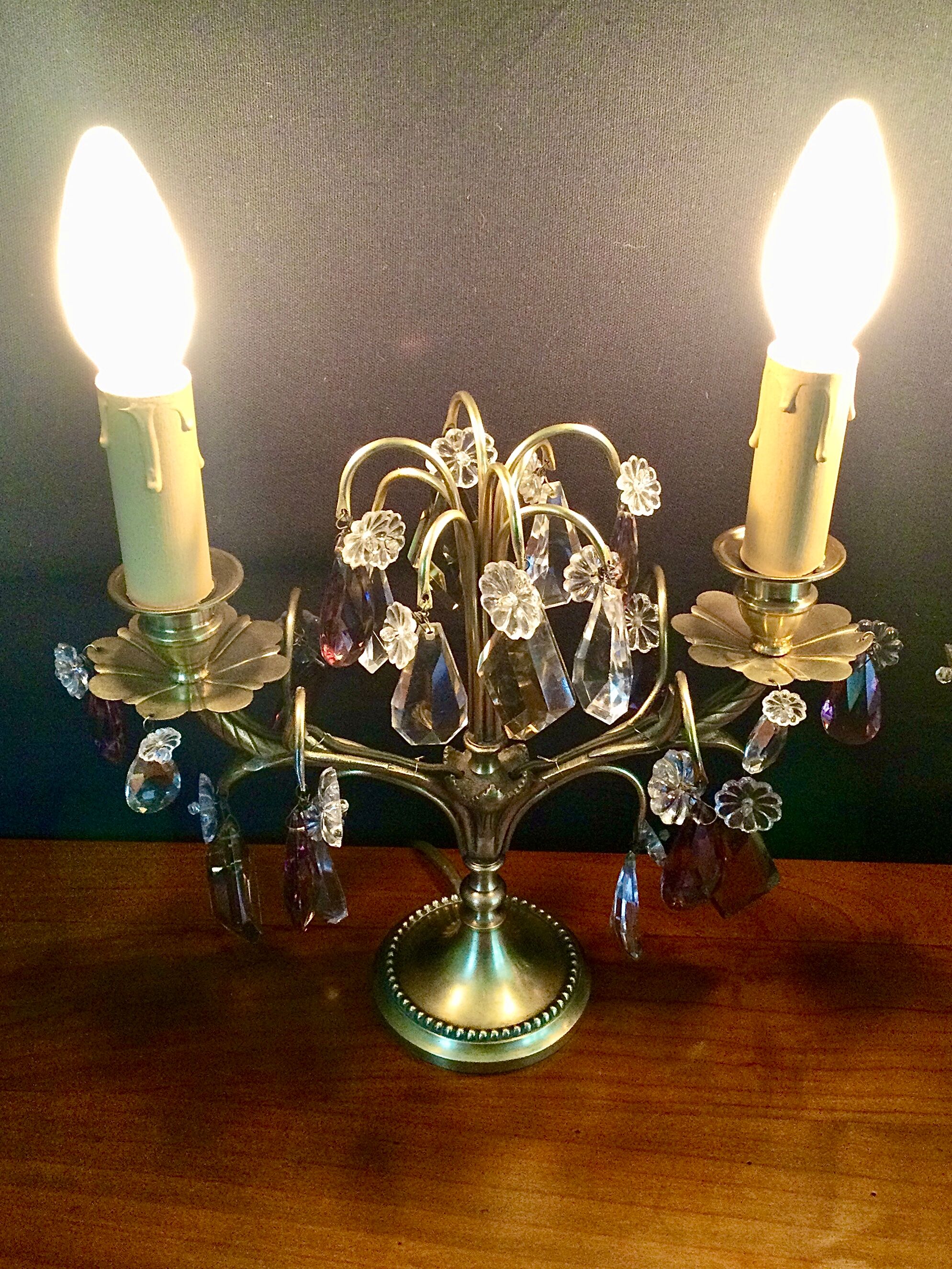 Pair of bronze and crystal girandoles