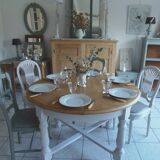 Round table with pearl gray patinated oak base, wooden top.