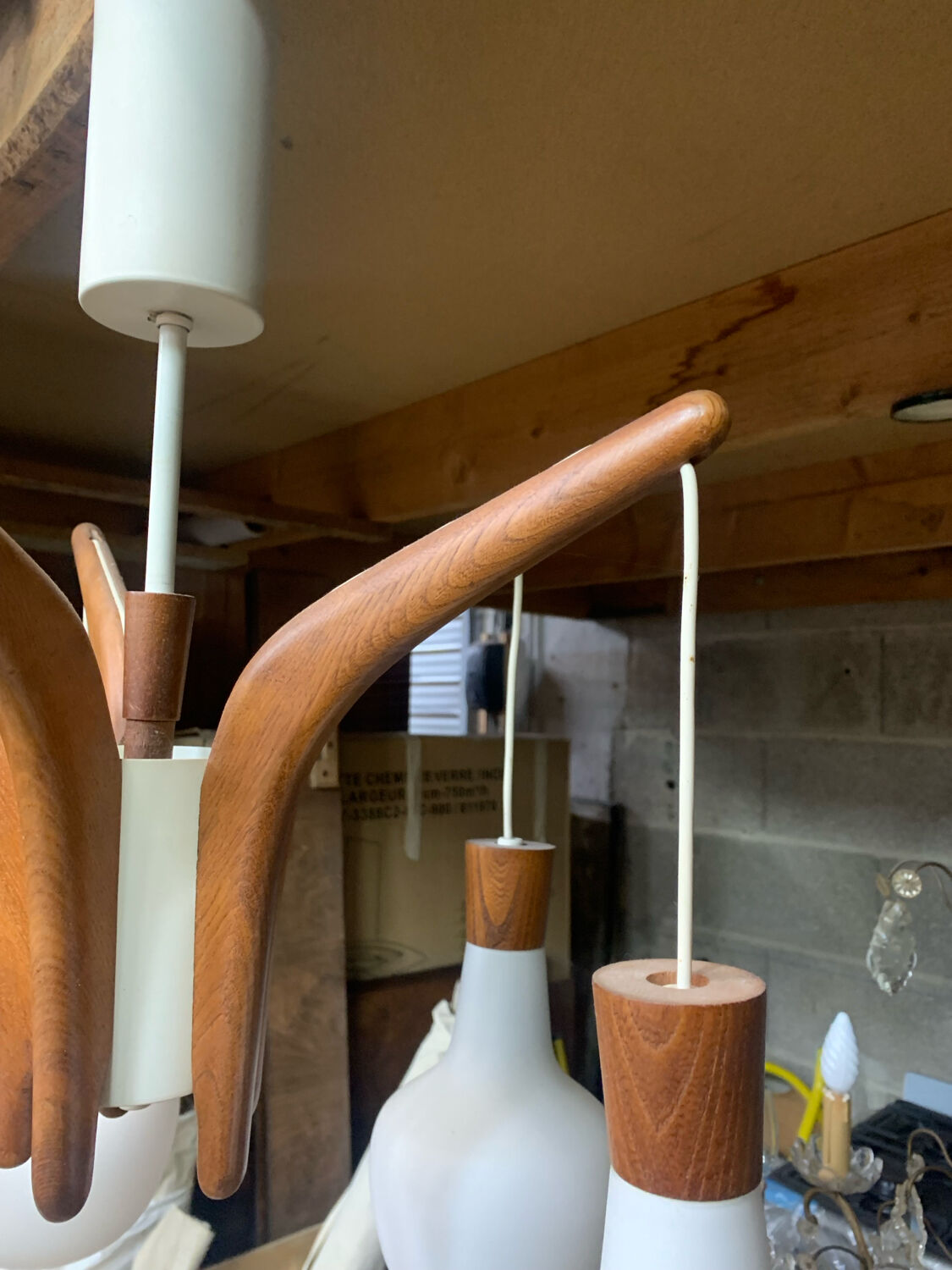 Teak and opaline Rispal chandelier, circa 1960.