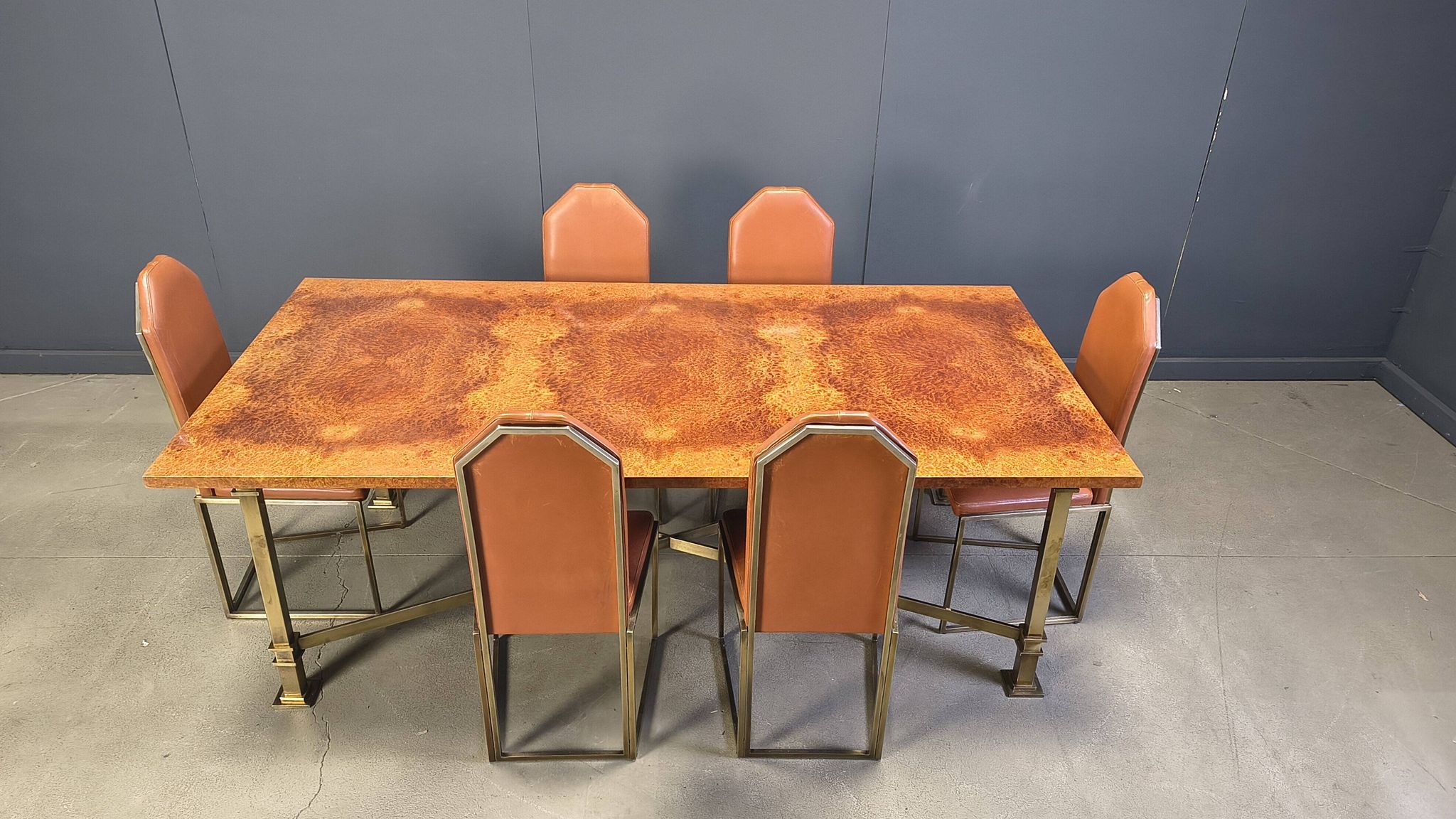 Vintage burl wood and brass dining table by Belgochrom, 1970s