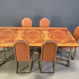 Vintage burl wood and brass dining table by Belgochrom, 1970s